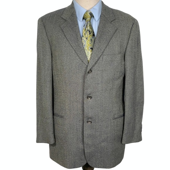 Hugo Boss Blazer‎ Men 40R Navy Khaki Herringbone Einstein Lambswool Sport Coat